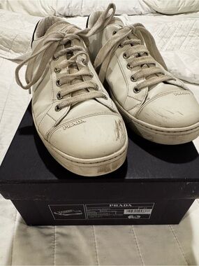 Prada Off-White Leather Lace-Up Sneakers Womens Size 37-US7